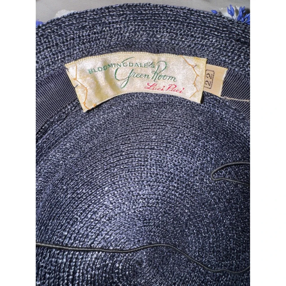 Vintage Luci Puci Bloomingdales Navy Straw Floral Pillbox Hat Birdcage‎ Veil 22